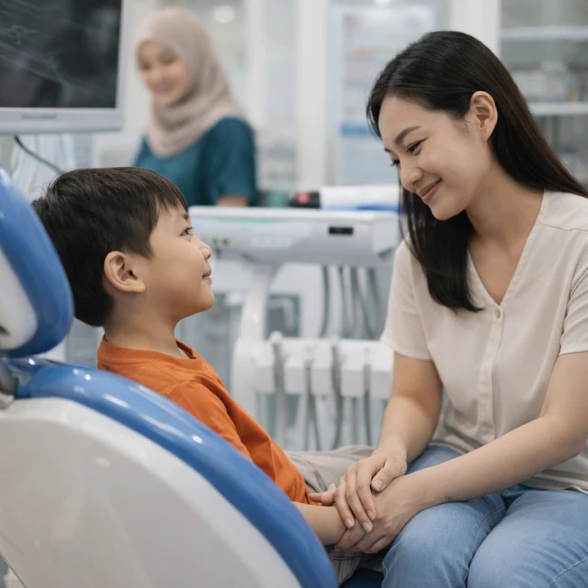 Orang tua mendampingi anak saat cabut gigi di Kimmi Dental Care Pondok Aren Bintaro
