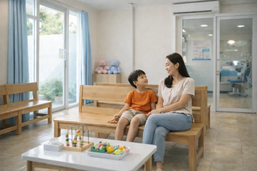 Ruang tunggu Kimmi Dental Care Pondok Aren, nyaman untuk anak dan keluarga